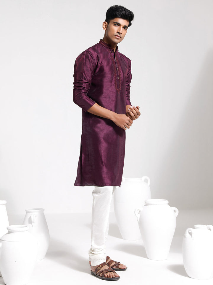 Sarvati Men's Wine And Cream Dupion Silk Kurta Pyjama Set