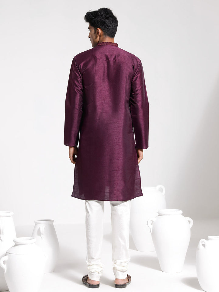 Sarvati Men's Wine And Cream Dupion Silk Kurta Pyjama Set