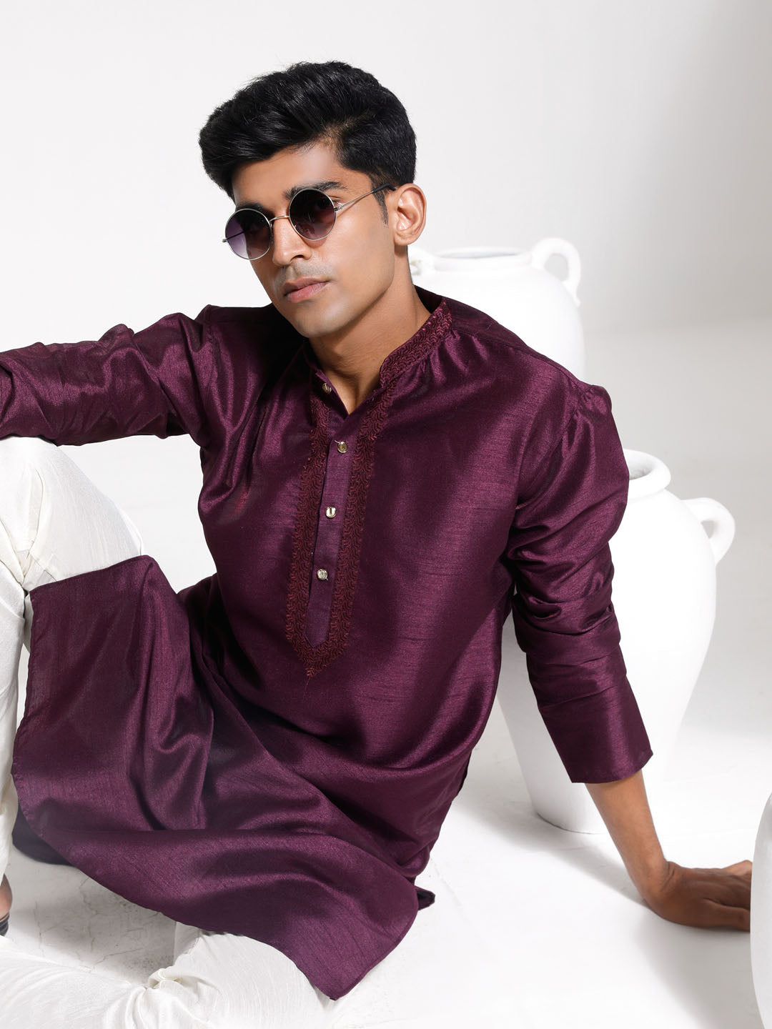 Sarvati Men's Wine And Cream Dupion Silk Kurta Pyjama Set