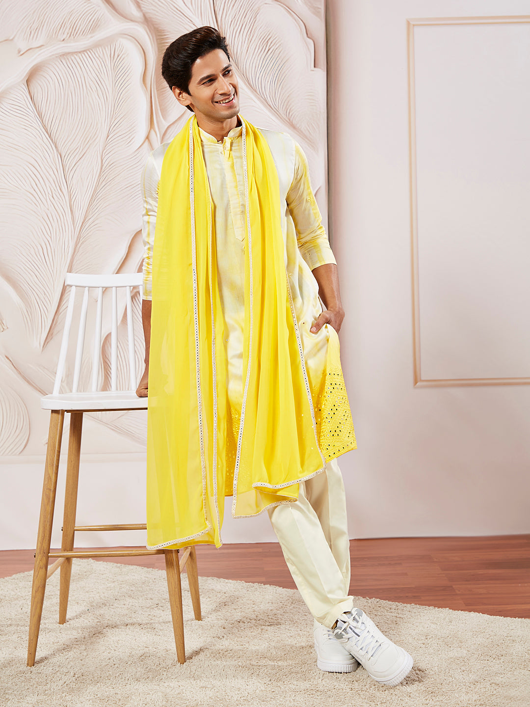 Sarvati Men's Yellow Viscose Kurta And Pyjama Set