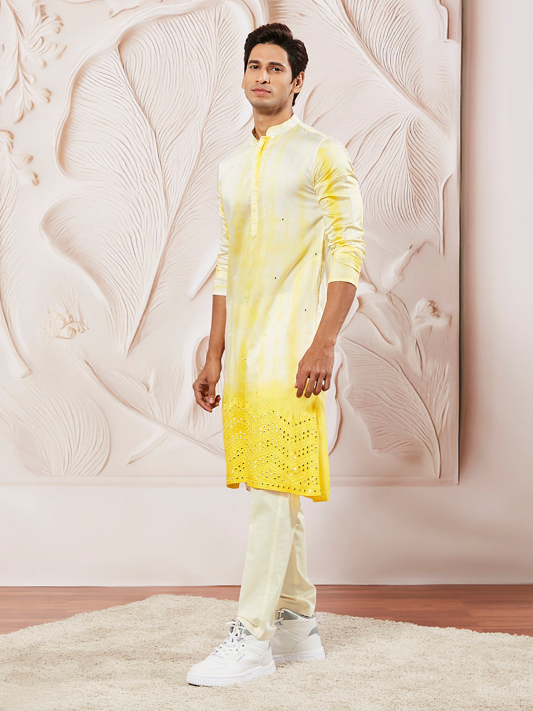 Sarvati Men's Yellow Viscose Kurta Pyjama And Dupatta Set