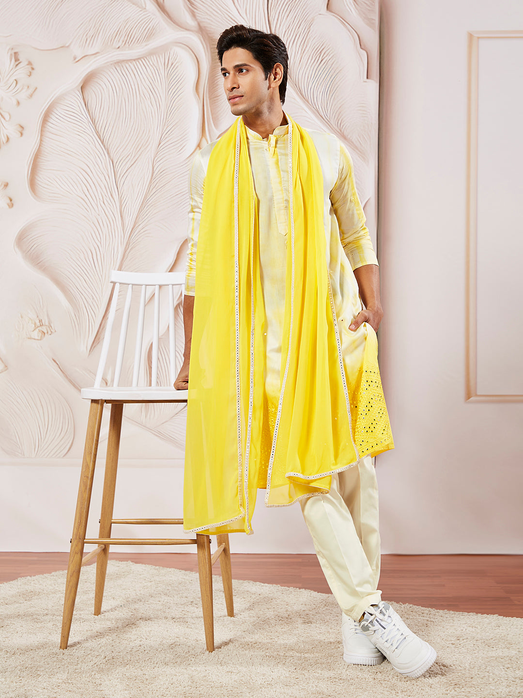 Sarvati Men's Yellow Viscose Kurta Pyjama And Dupatta Set