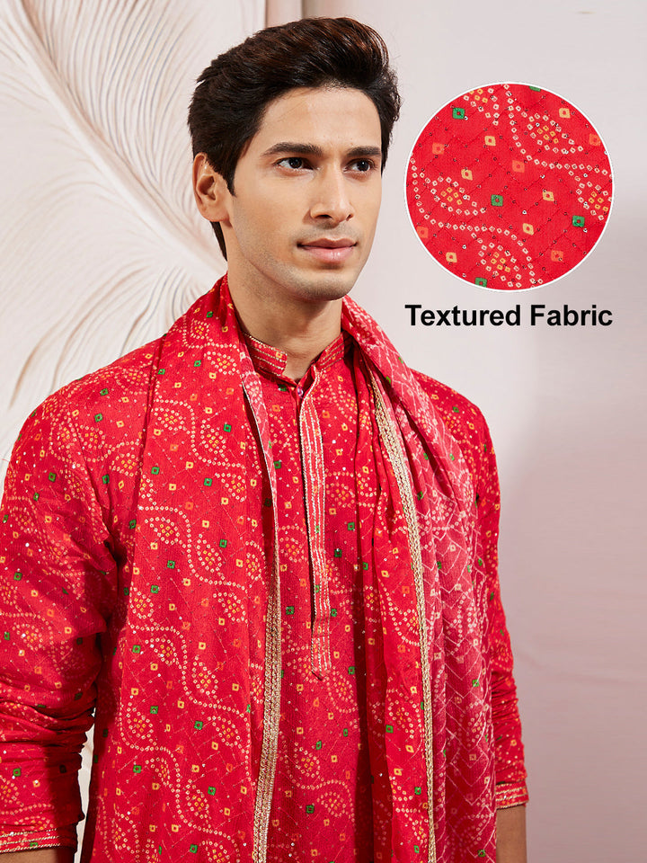 Men's Red And Cream Chinon Kurta And Pyjama Set.