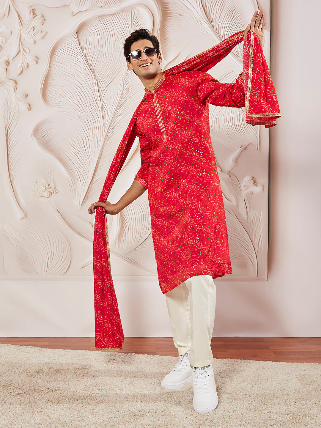 Sarvati Men's Red And Cream Chinon Kurta And Pyjama Set.