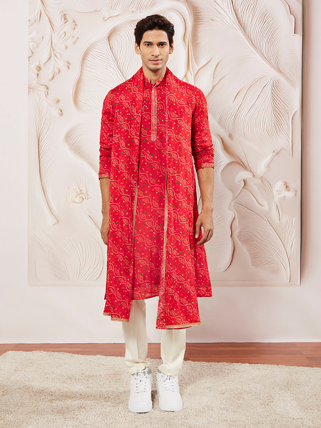 Sarvati Men's Red And Cream Chinon Kurta And Pyjama Set.