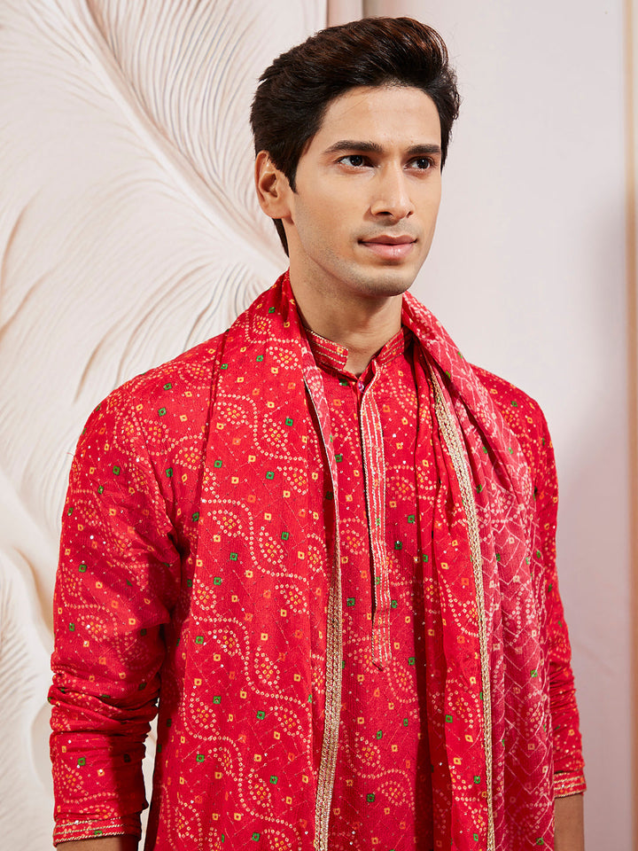 Sarvati Men's Red And Cream Chinon Kurta And Pyjama Set.