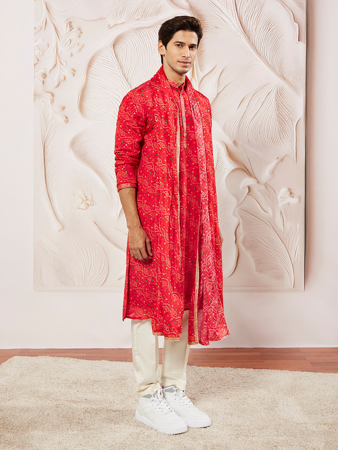 Sarvati Men's Red And Cream Chinon Kurta And Pyjama Set.