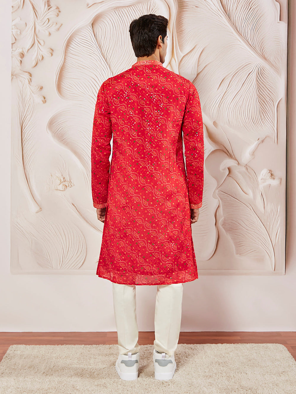 Sarvati Men's Red And Cream Chinon Kurta And Pyjama Set.