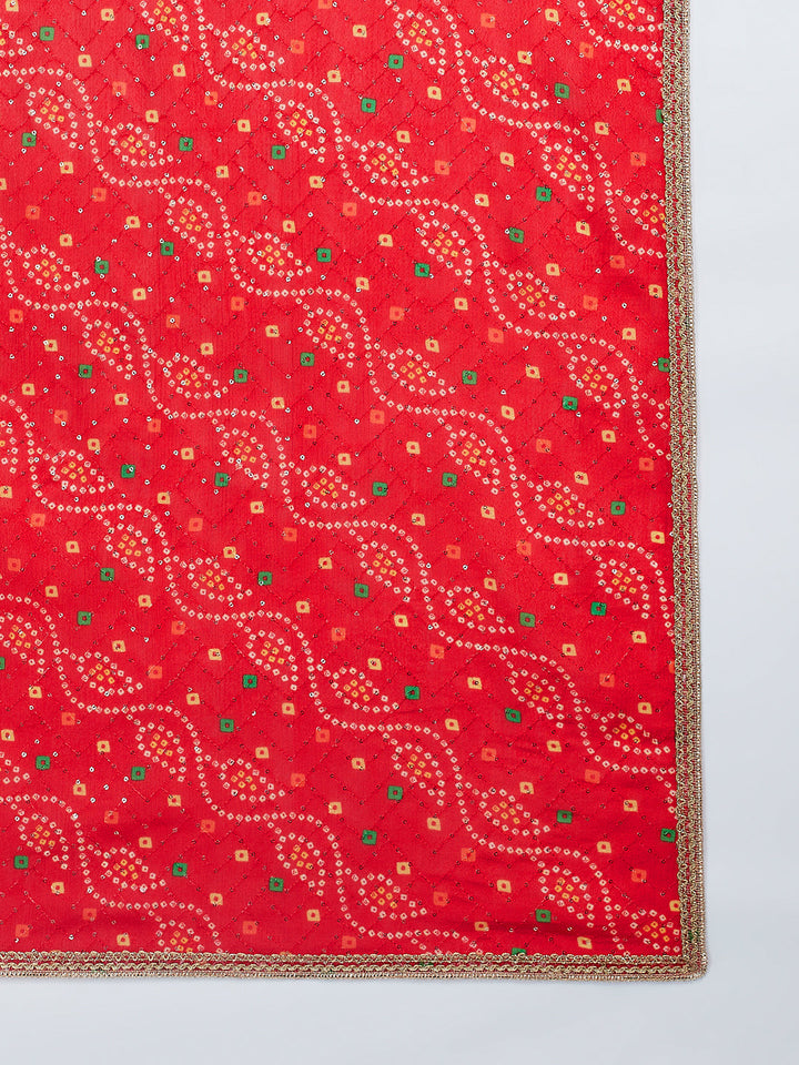 Sarvati Men's Red And Cream Chinon Kurta And Pyjama Set.