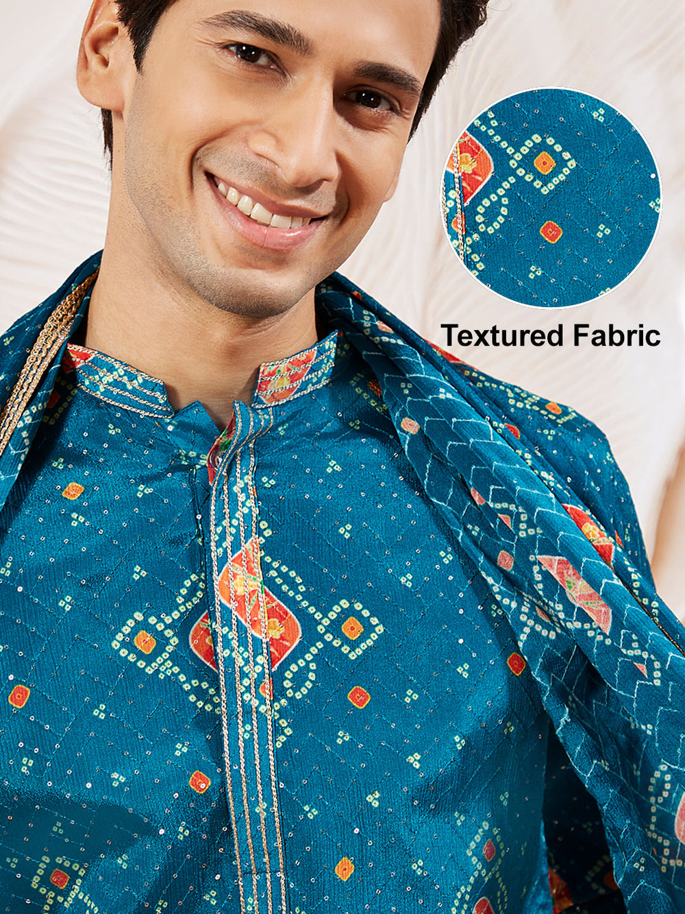 Men's Turquoise Chinon Kurta Pyjama And Dupatta Set For Men.