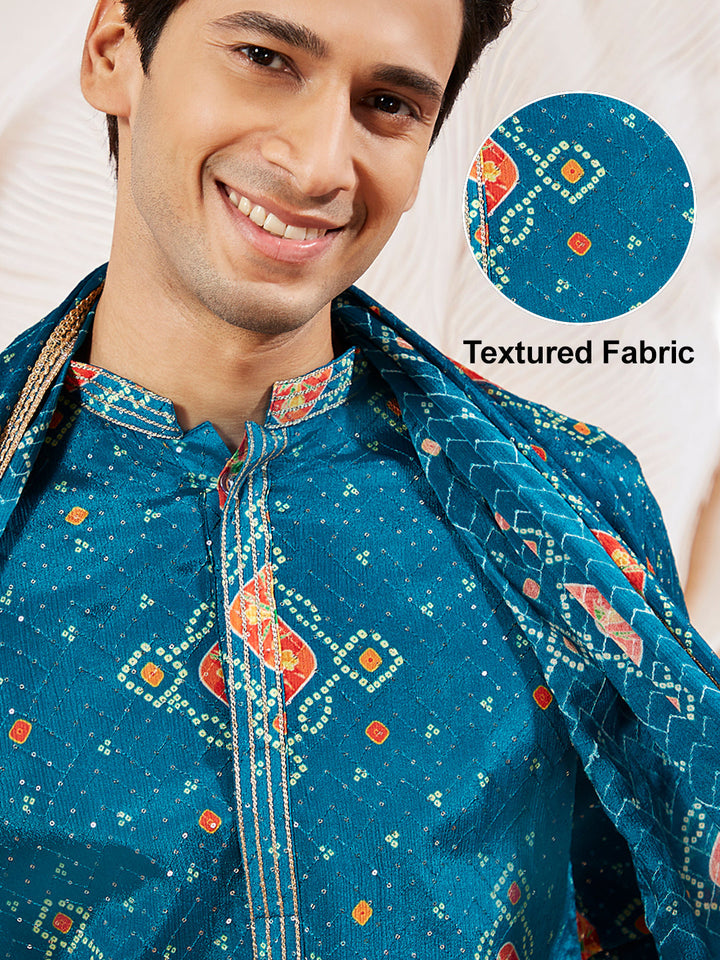 Men's Turquoise Chinon Kurta Pyjama And Dupatta Set For Men.