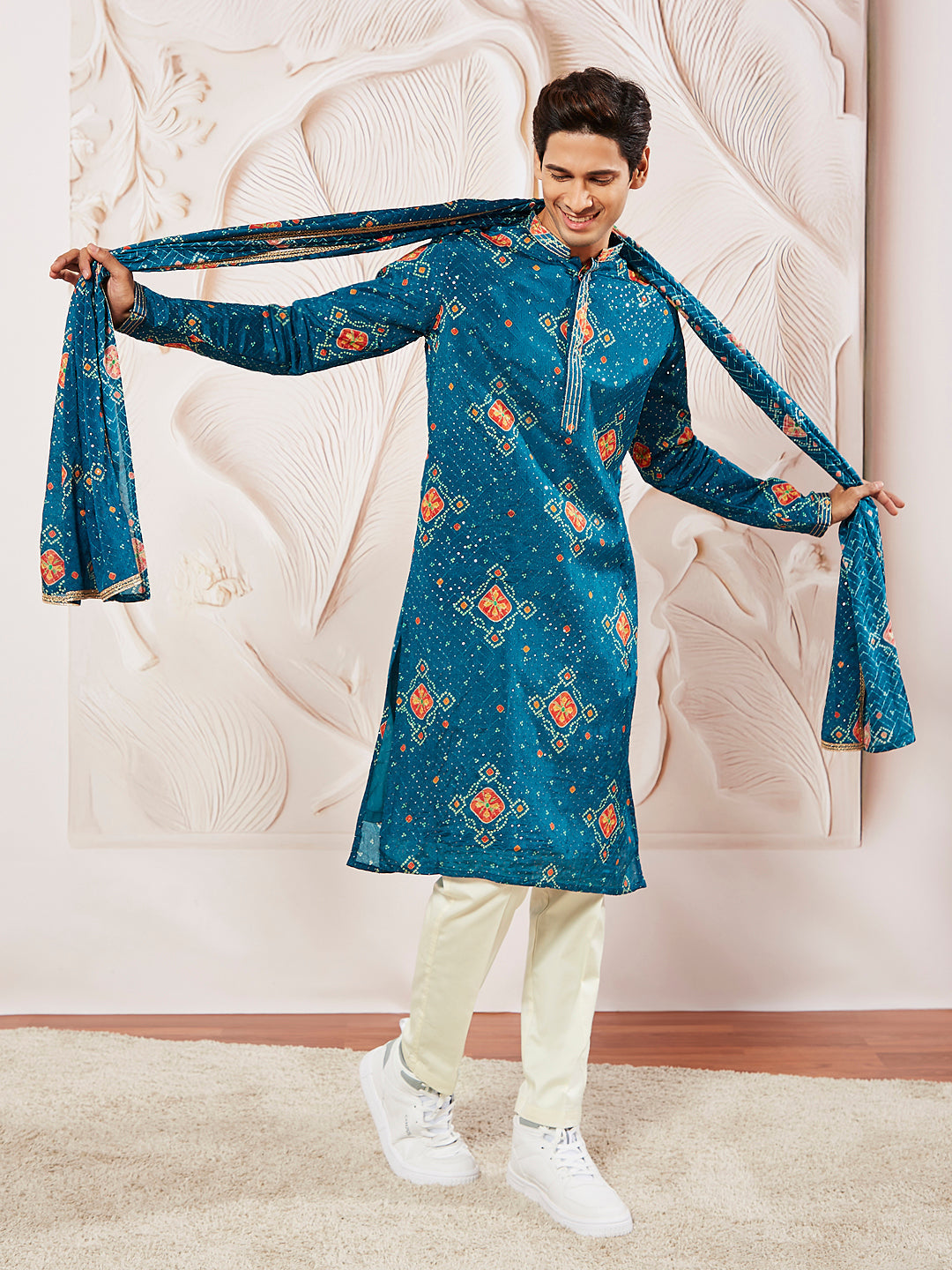 Sarvati Men's Turquoise Chinon Kurta Pyjama And Dupatta Set For Men.