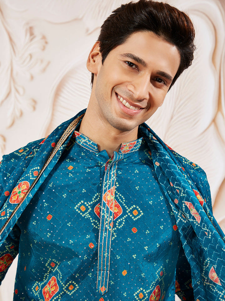 Sarvati Men's Turquoise Chinon Kurta Pyjama And Dupatta Set For Men.