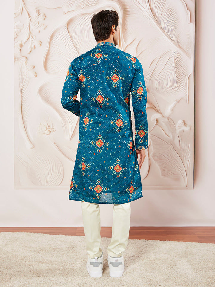 Sarvati Men's Turquoise Chinon Kurta Pyjama And Dupatta Set For Men.