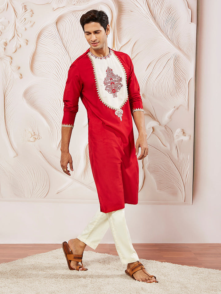 Men's Red Viscose Kurta And Pyjama Set