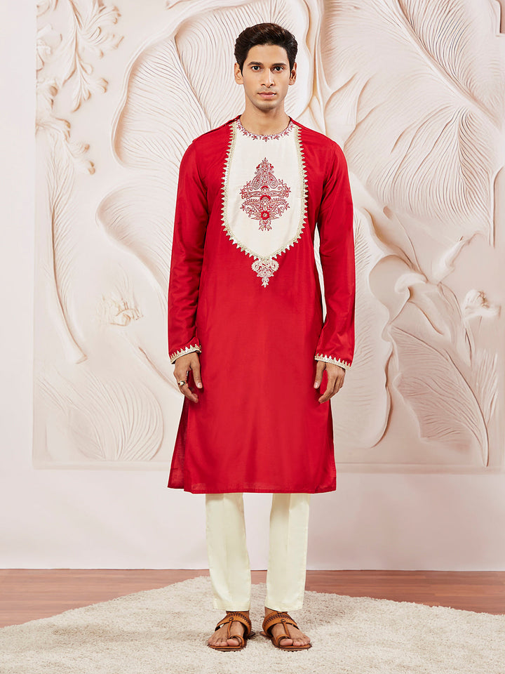 Men's Red Viscose Kurta And Pyjama Set