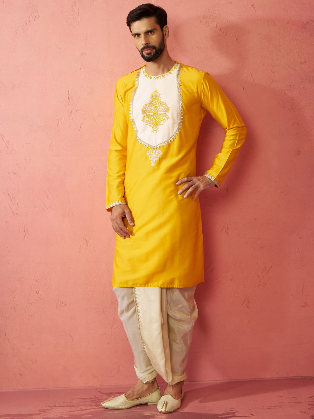 Men's Yellow Viscose Embroidered Kurta with Beige Tissue Dhoti Set
