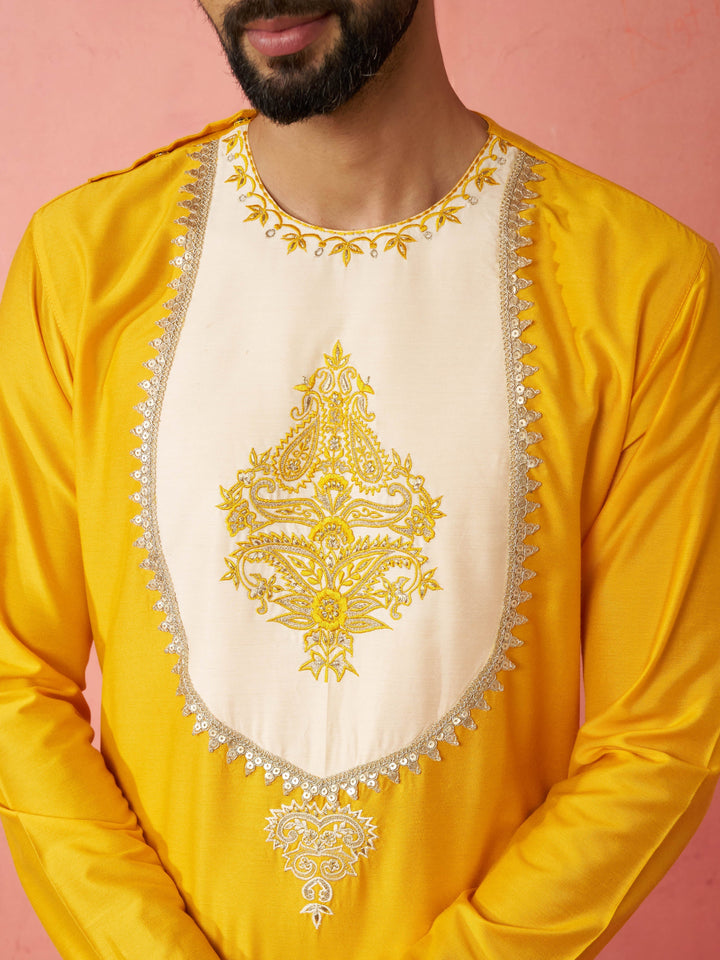 Men's Yellow Viscose Embroidered Kurta with Beige Tissue Dhoti Set