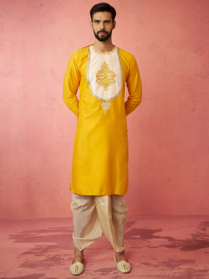 Men's Yellow Viscose Embroidered Kurta with Beige Tissue Dhoti Set