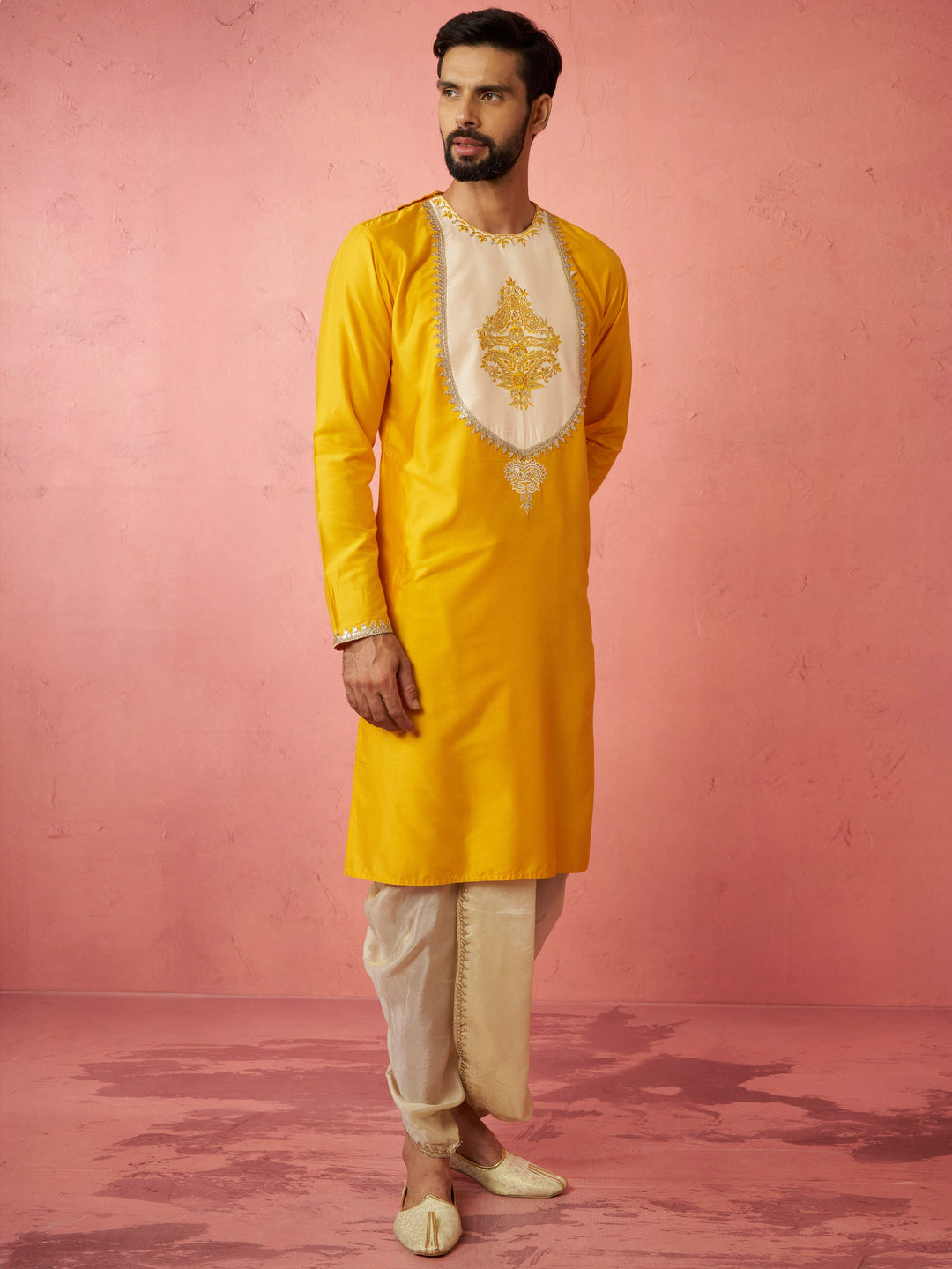 Men's Yellow Viscose Embroidered Kurta with Beige Tissue Dhoti Set