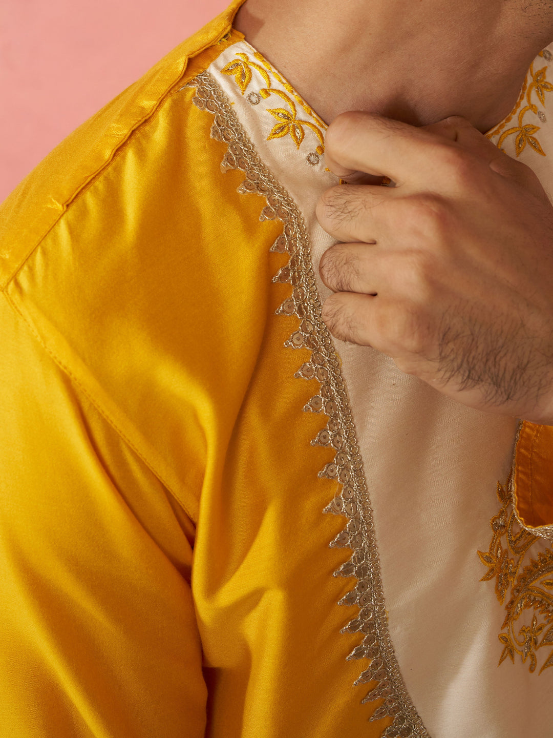 Men's Yellow Viscose Embroidered Kurta with Beige Tissue Dhoti Set