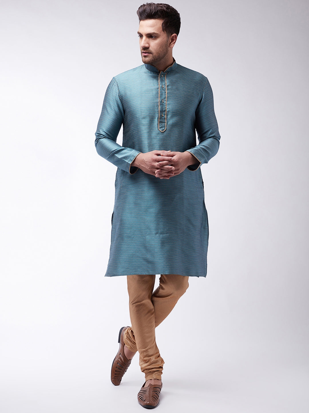 Sarvati Men's Aqua And Rose Gold Silk Blend Kurta With Churidar Set