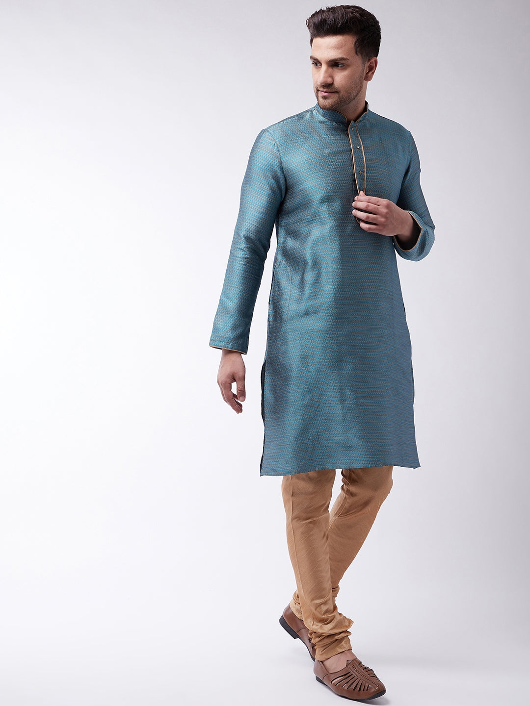 Sarvati Men's Aqua And Rose Gold Silk Blend Kurta With Churidar Set