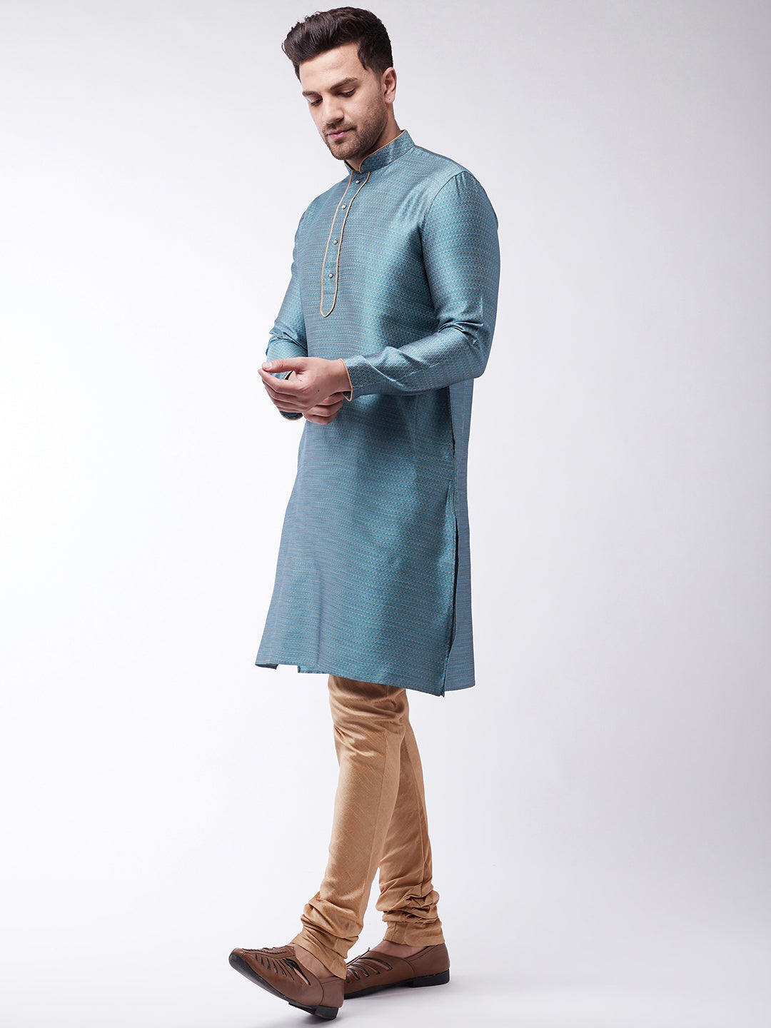 Sarvati Men's Aqua And Rose Gold Silk Blend Kurta With Churidar Set