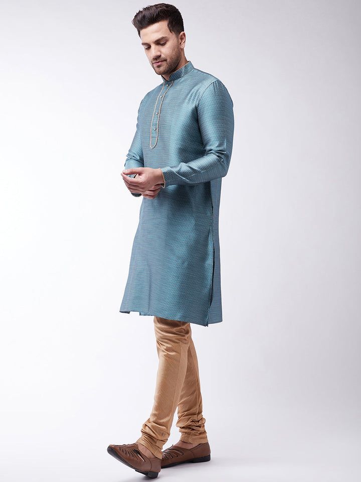 Sarvati Men's Aqua And Rose Gold Silk Blend Kurta With Churidar Set