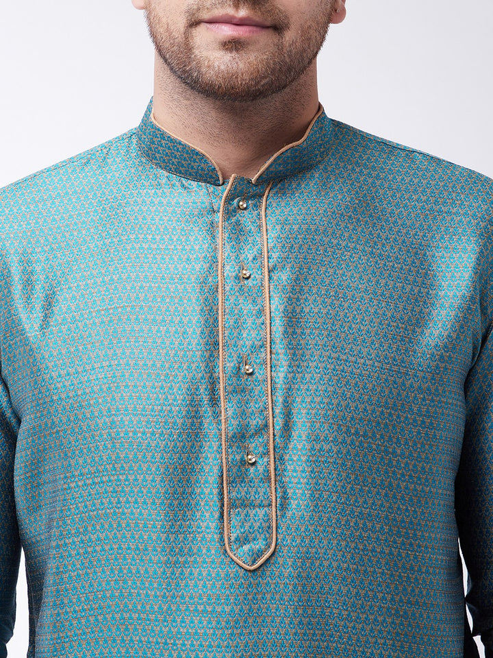 Sarvati Men's Aqua And Rose Gold Silk Blend Kurta With Churidar Set