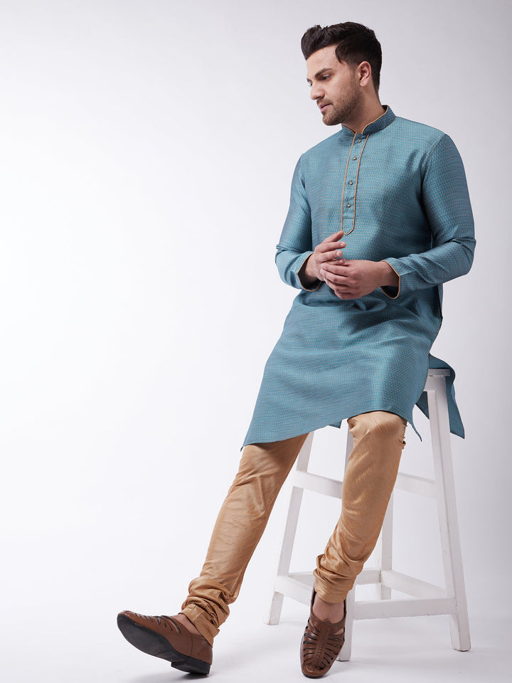 Sarvati Men's Aqua And Rose Gold Silk Blend Kurta With Churidar Set