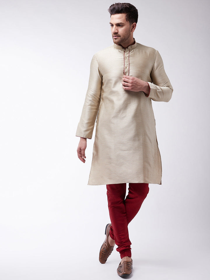 Sarvati Men's Beige And Maroon Silk Blend Kurta Churidar Set