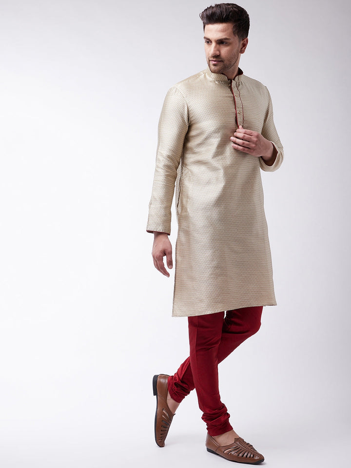 Sarvati Men's Beige And Maroon Silk Blend Kurta Churidar Set