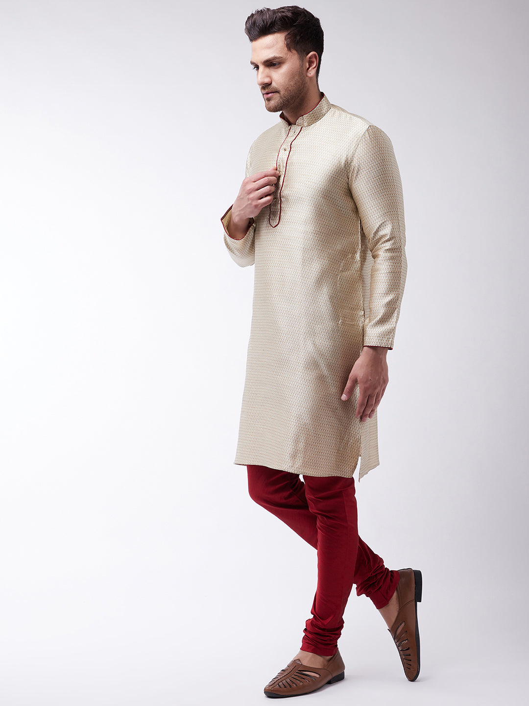 Sarvati Men's Beige And Maroon Silk Blend Kurta Churidar Set