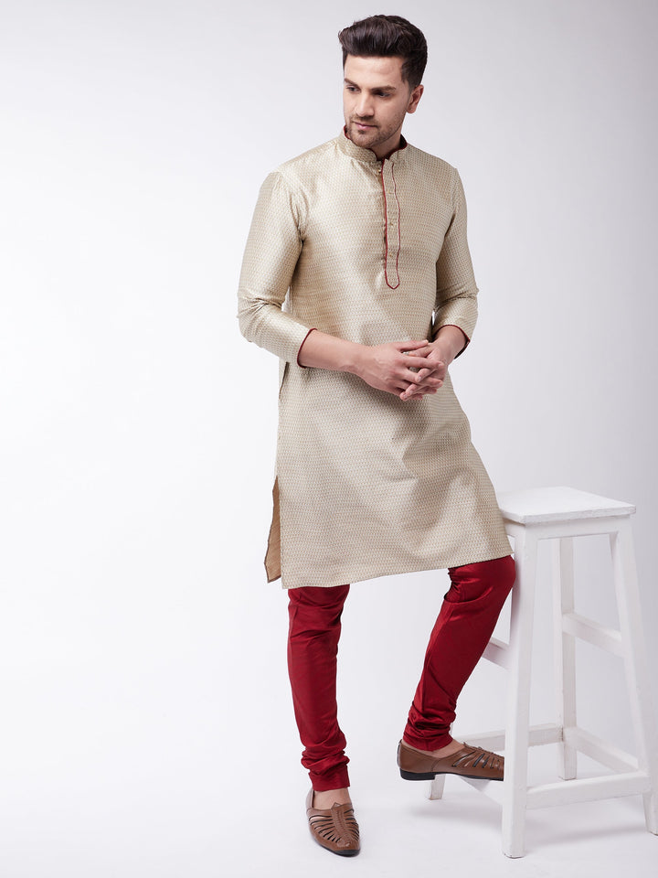 Sarvati Men's Beige And Maroon Silk Blend Kurta Churidar Set