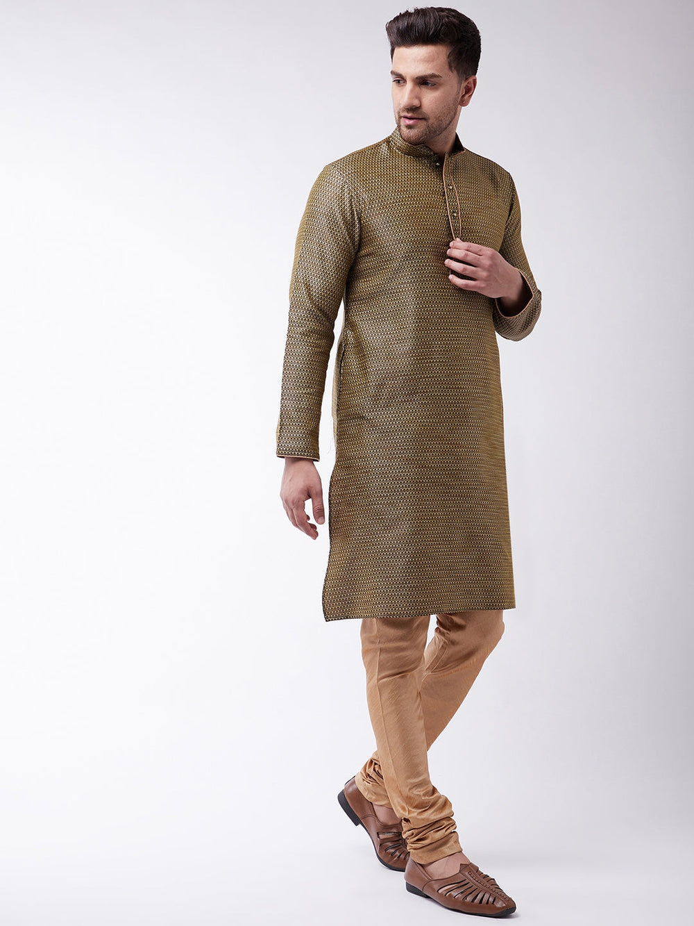 Sarvati Men's Black And Rose Gold Silk Blend Kurta With Churidar Set