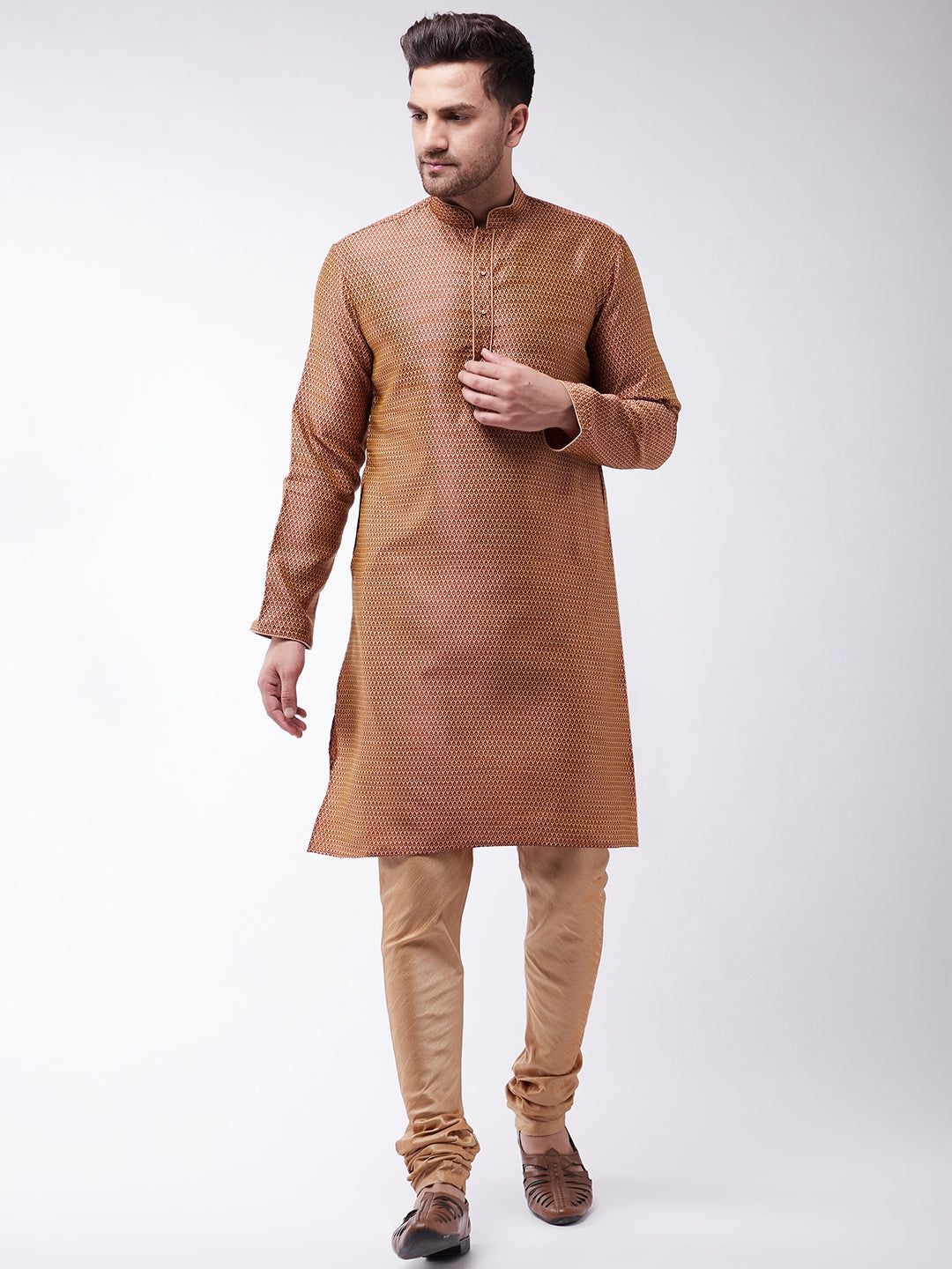 Sarvati Men's Maroon And Rose Gold Silk Blend Kurta With Churidar Set