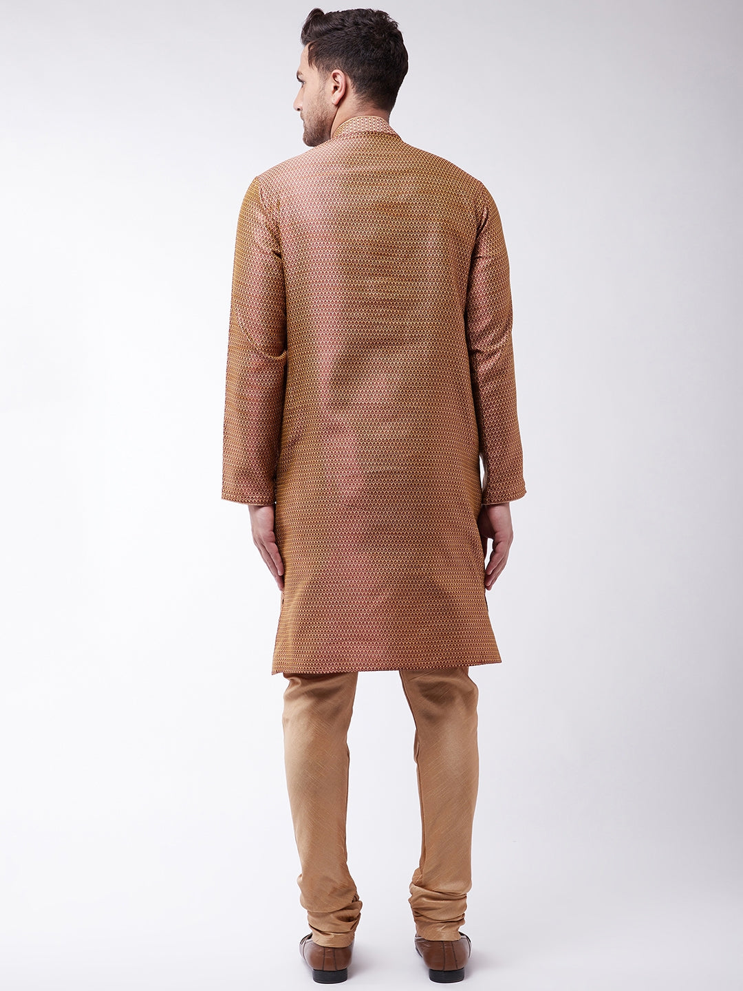 Sarvati Men's Maroon And Rose Gold Silk Blend Kurta With Churidar Set