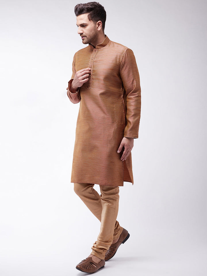 Sarvati Men's Maroon And Rose Gold Silk Blend Kurta With Churidar Set