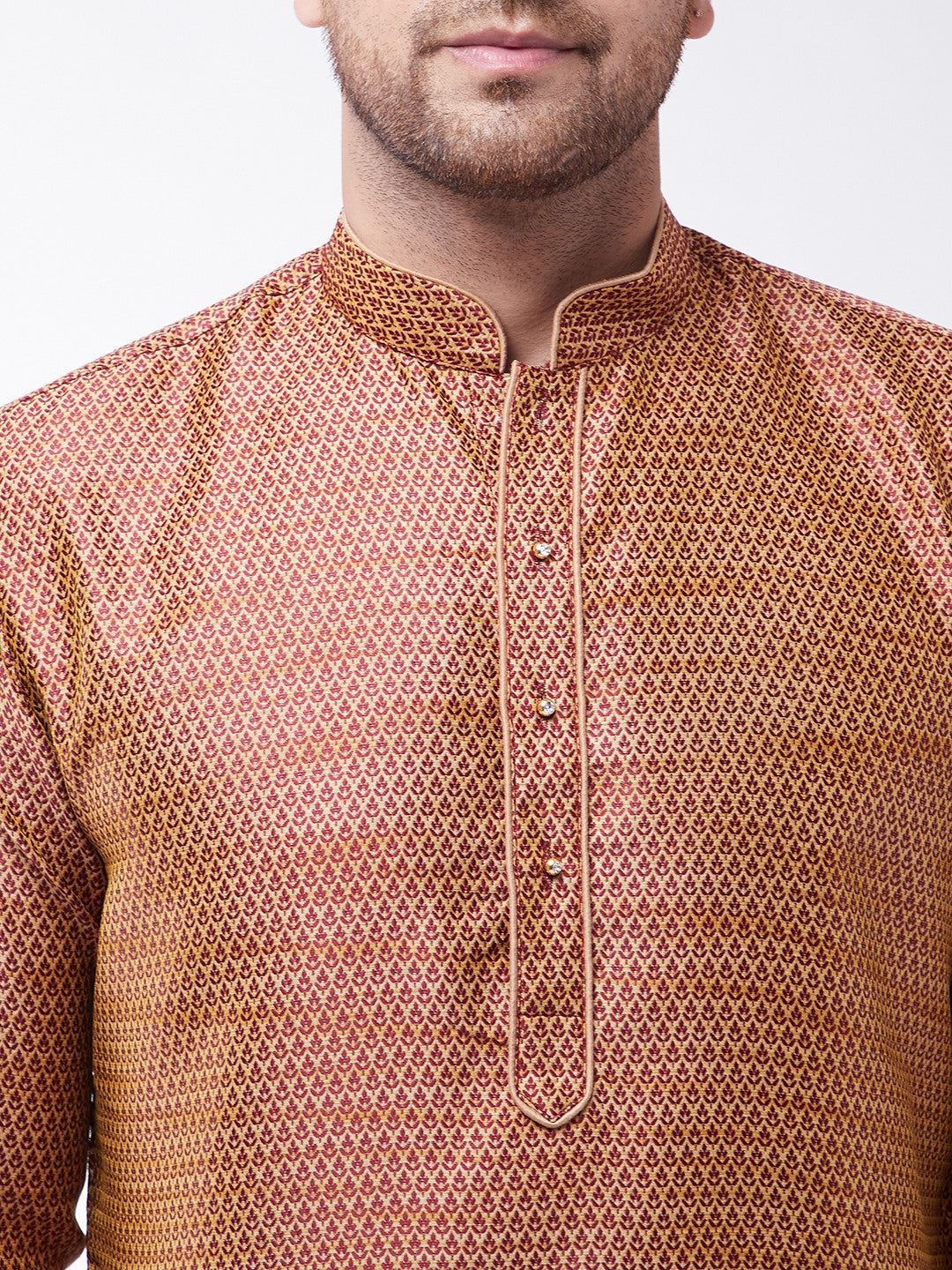 Sarvati Men's Maroon And Rose Gold Silk Blend Kurta With Churidar Set