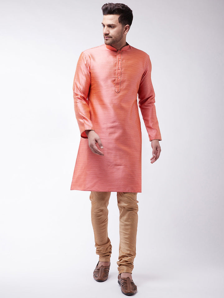 Sarvati Men's Pink And Rose Gold Silk Blend Kurta With Churidar Set