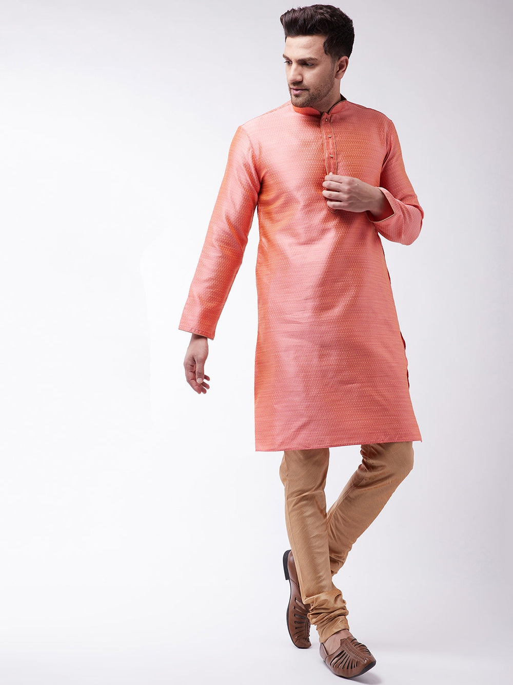 Sarvati Men's Pink And Rose Gold Silk Blend Kurta With Churidar Set