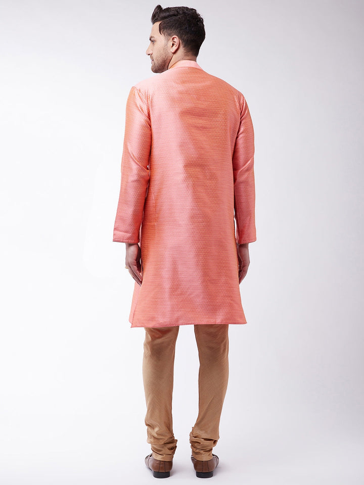 Sarvati Men's Pink And Rose Gold Silk Blend Kurta With Churidar Set