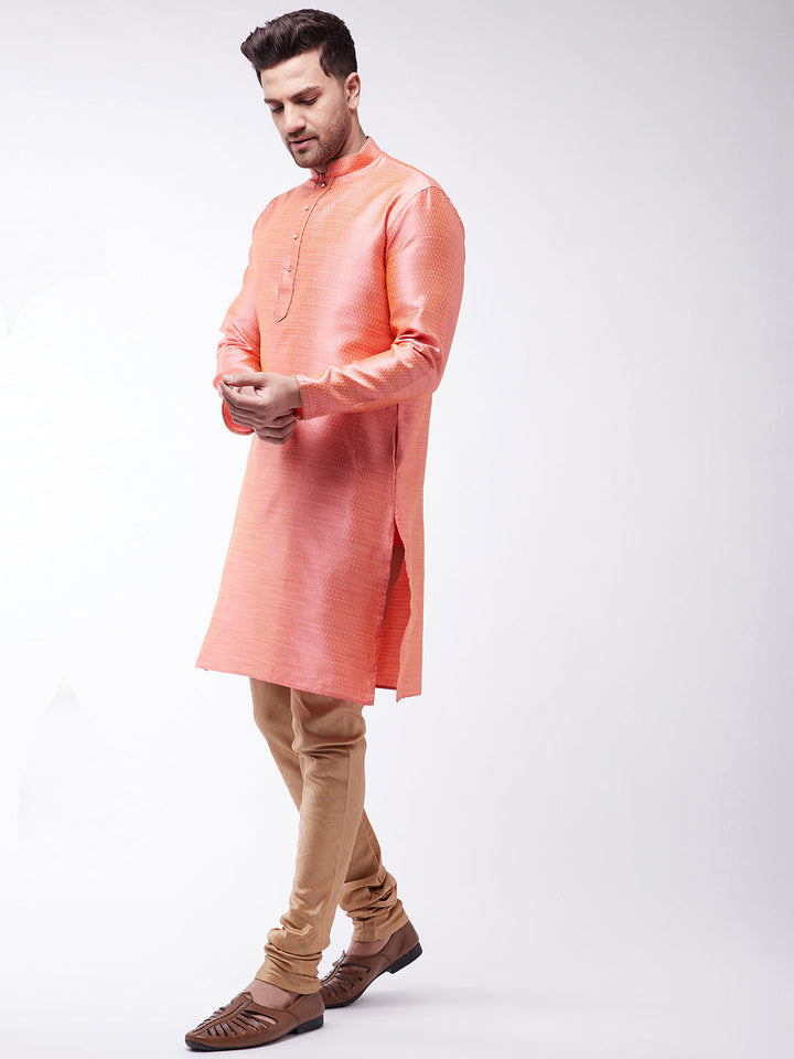 Sarvati Men's Pink And Rose Gold Silk Blend Kurta With Churidar Set