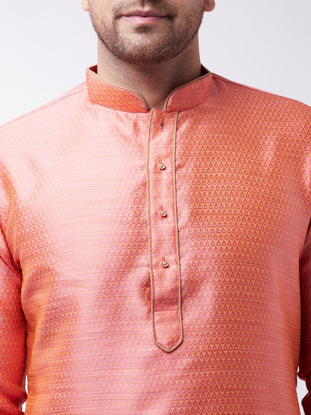 Sarvati Men's Pink And Rose Gold Silk Blend Kurta With Churidar Set