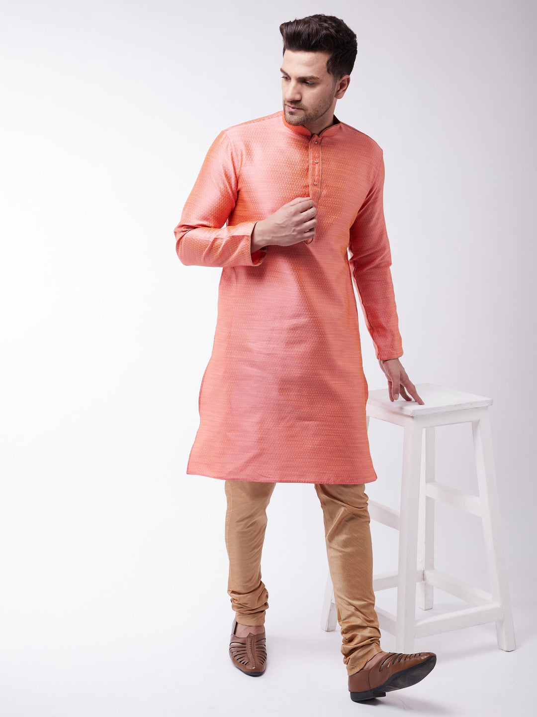 Sarvati Men's Pink And Rose Gold Silk Blend Kurta With Churidar Set