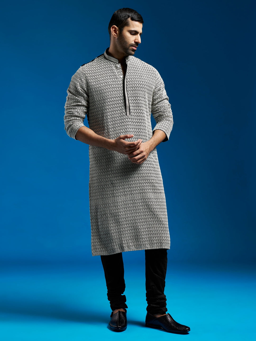 Sarvati Men's Black Georgette Kurta And Pyjama Set