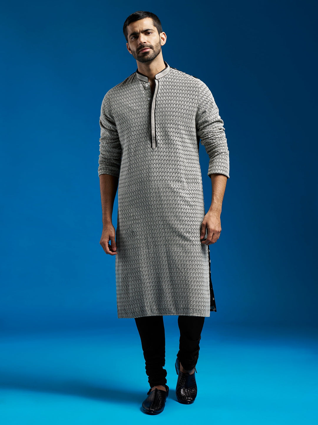 Sarvati Men's Black Georgette Kurta And Pyjama Set