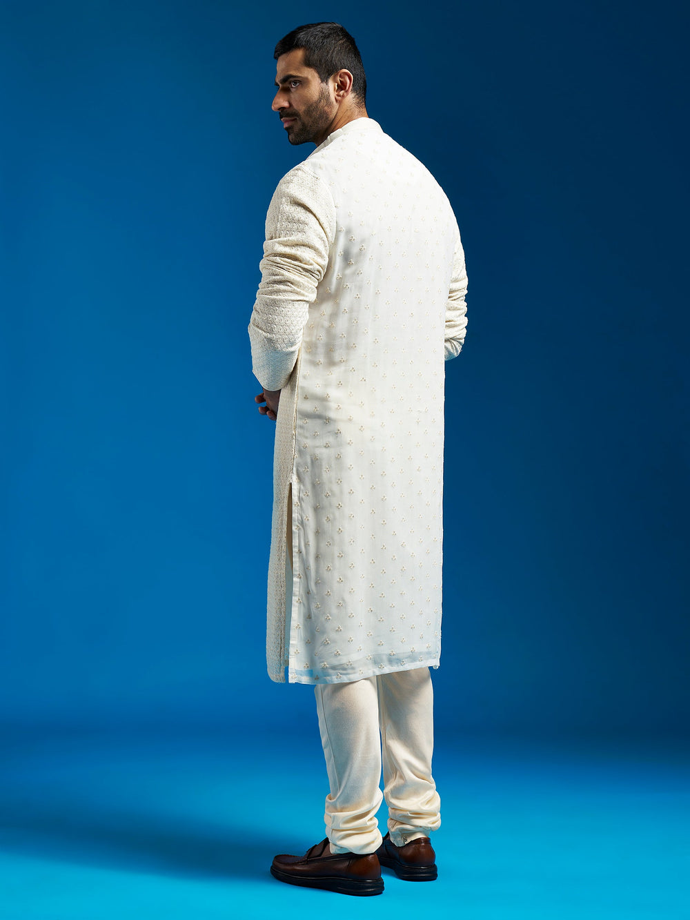 Sarvati Men's Cream Georgette Kurta And Pyjama Set