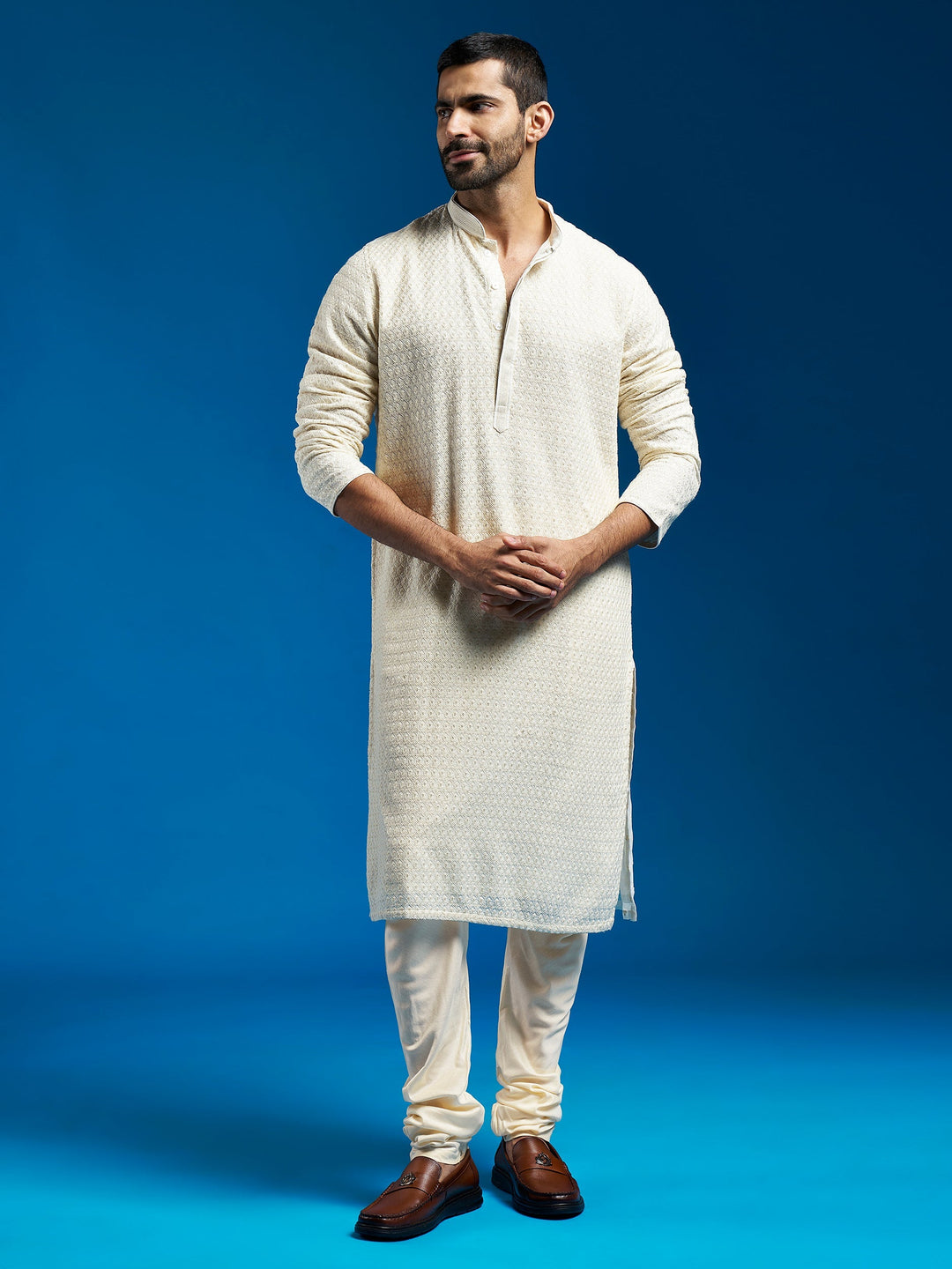 Sarvati Men's Cream Georgette Kurta And Pyjama Set